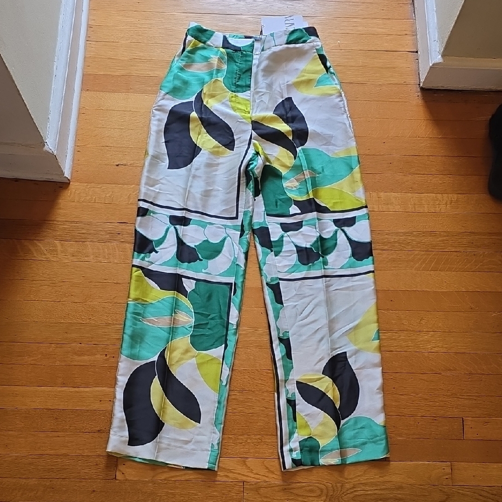 NWT, ZARA, Wide Leg Pants, Abstract Print, Silky Polyester, Green & Yellow, S
